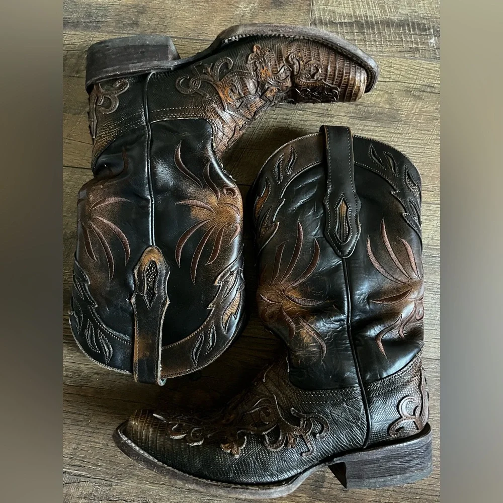 Corral Boots Cognac‎ Teju Lizard Cross Overlay Square Toe Cowgirl C2680 size 8.5 - Picture 5 of 16